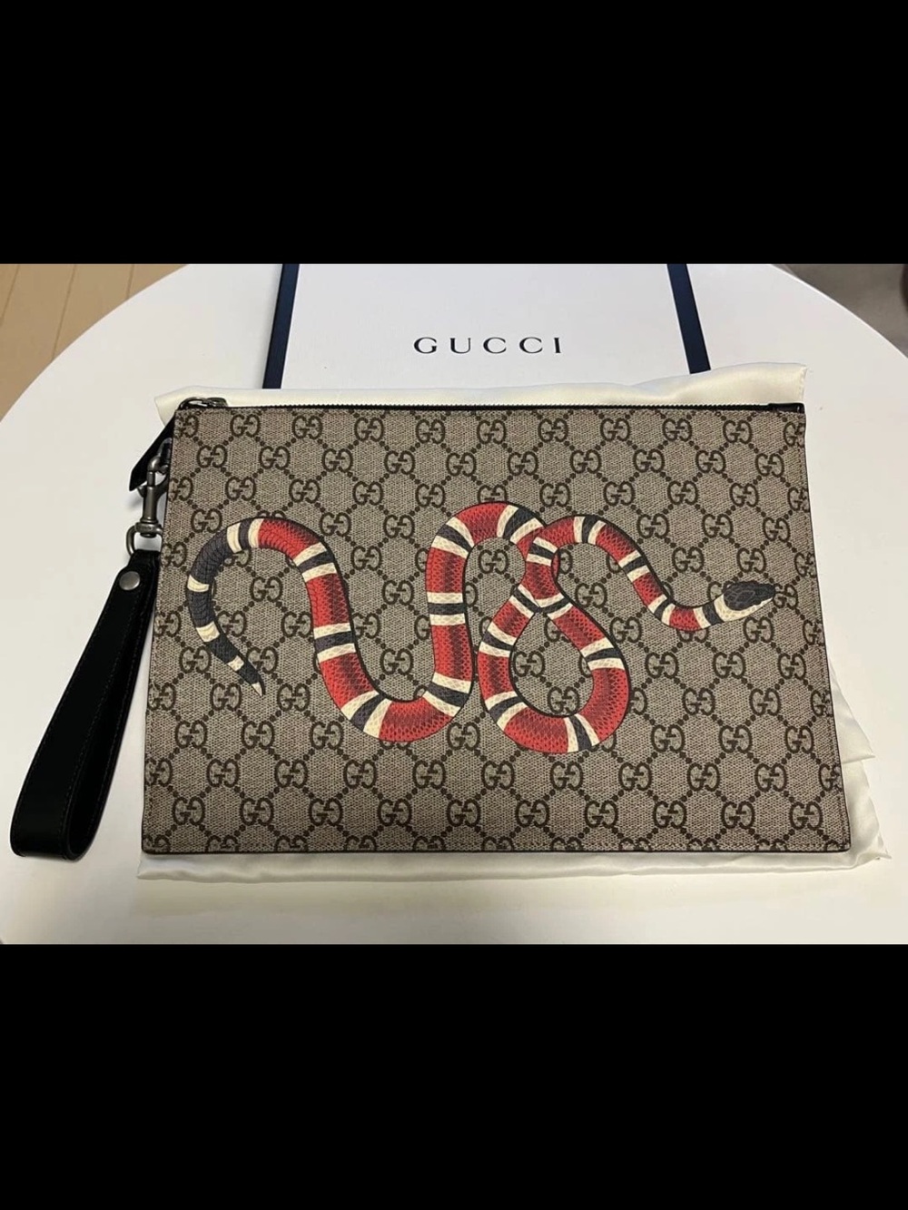 Gucci GG Supreme Snake Print Wristlet Pouch - Brown/Red/White